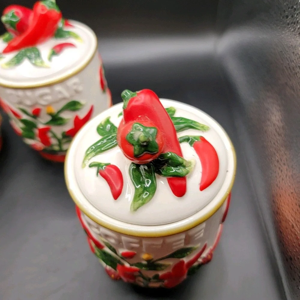 3 Pc Red Chili Pepper Canister Set Coffee,tea & Sugar